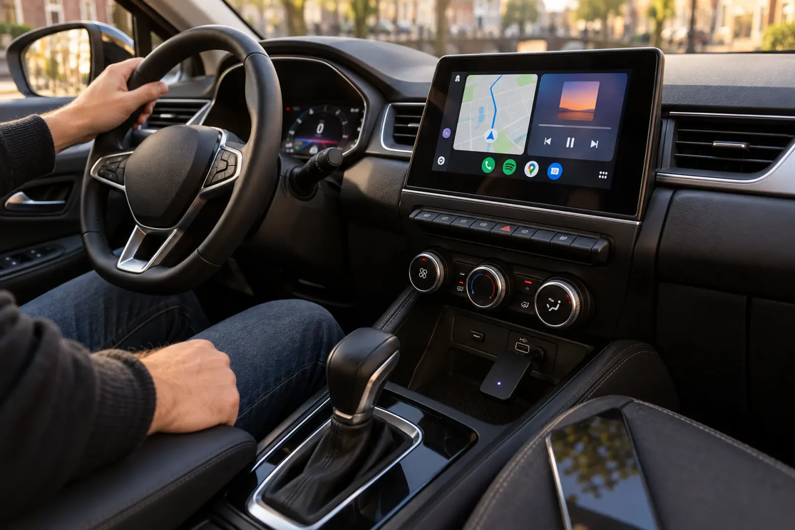 Draadloze Android Auto-adapter in de USB-poort van een auto in Hoofddorp, met Google Maps op het touchscreen