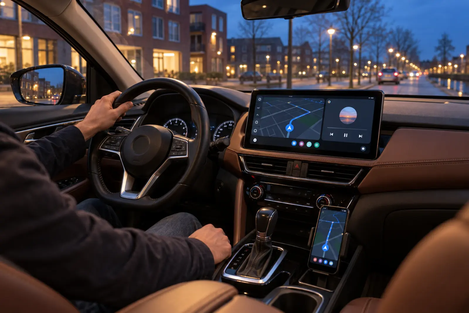 Android Auto bestellen in Hoofddorp: Google Maps en muziek op een breed touchscreen tijdens een avondrit door de stad