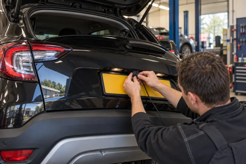 Achteruitrijcamera wordt bij de kentekenplaat van een zwarte hatchback uit Hoofddorp gemonteerd