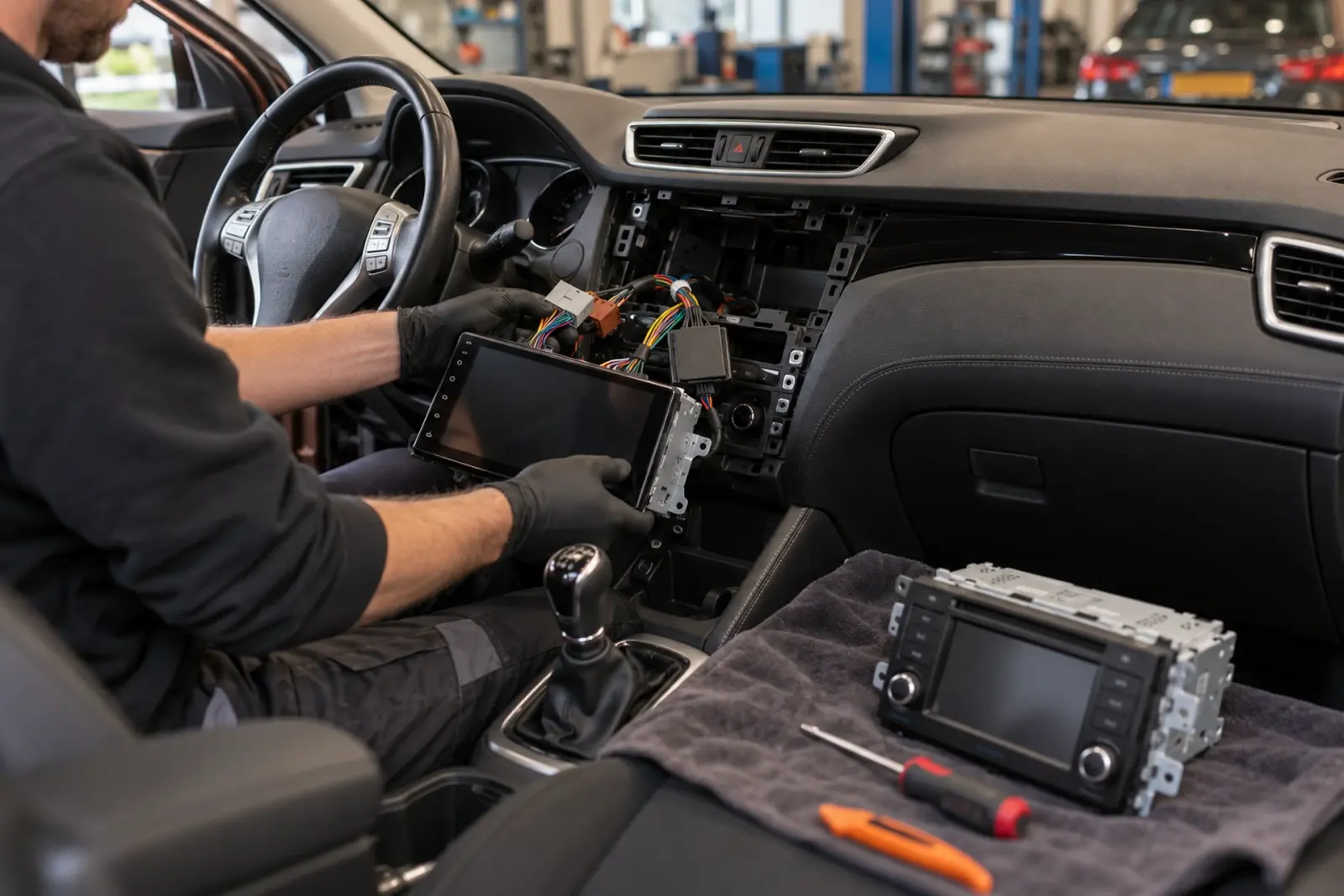 Android Auto radio inbouwen in Hoofddorp: monteur houdt het nieuwe touchscreen voor de open radio-opening, de oude radio ligt ernaast