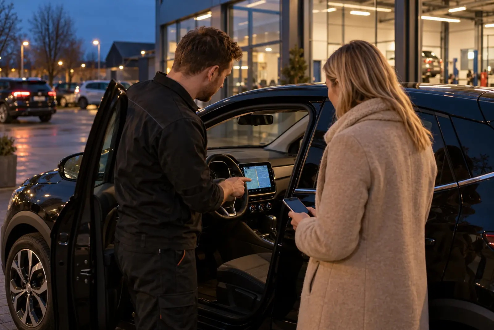 Monteur van de inbouwpartner legt een klant uit Hoofddorp het nieuwe navigatiescherm in haar auto uit