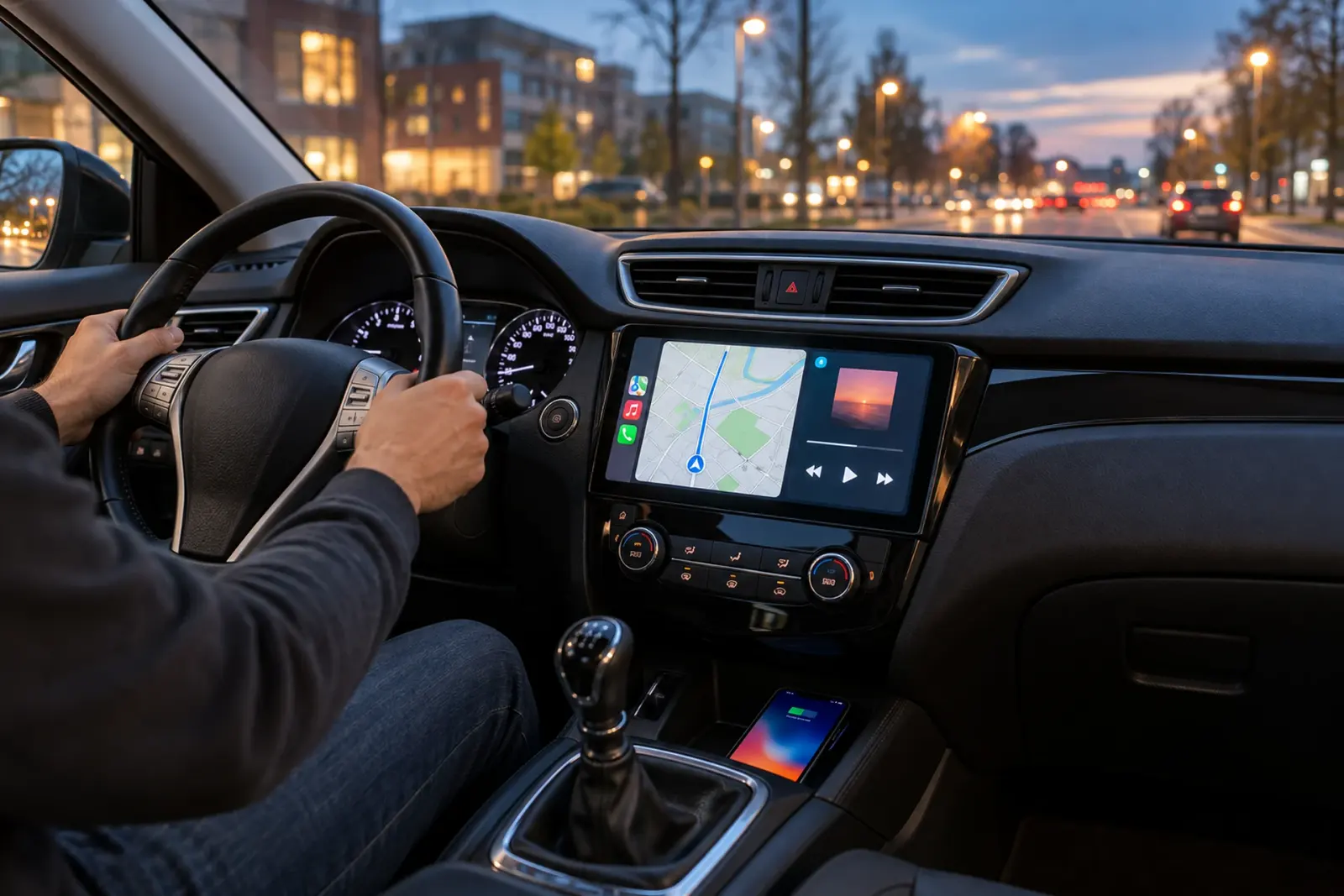 Ingebouwd CarPlay-scherm met navigatie tijdens de avondspits in Hoofddorp, aangevraagd via CarPlay Bestellen Hoofddorp