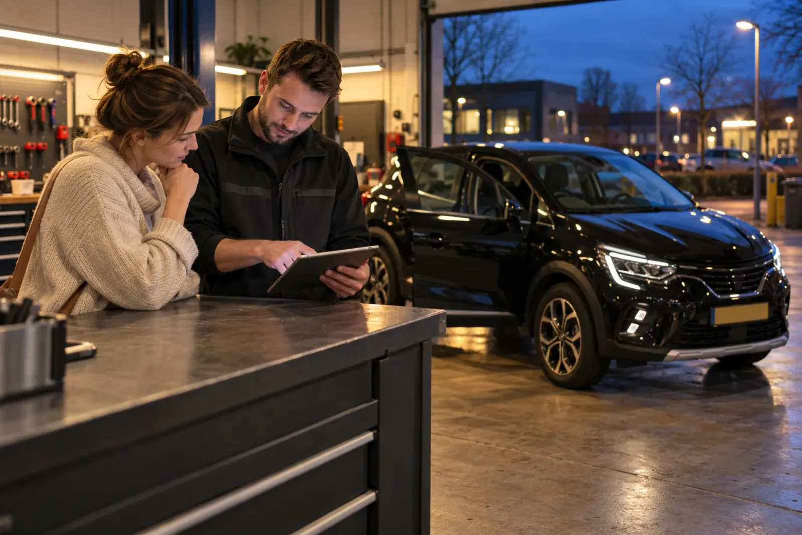Specialist van de inbouwpartner bespreekt de offerte voor CarPlay inbouwen op een tablet met een klant uit Hoofddorp in de werkplaats