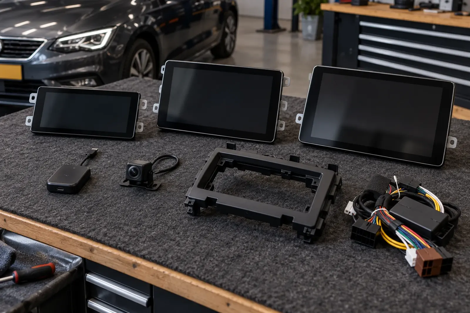 CarPlay prijzen in Hoofddorp: drie touchscreens, een draadloze adapter, een achteruitrijcamera, een inbouwframe en kabelbomen op de werkbank van de inbouwpartner