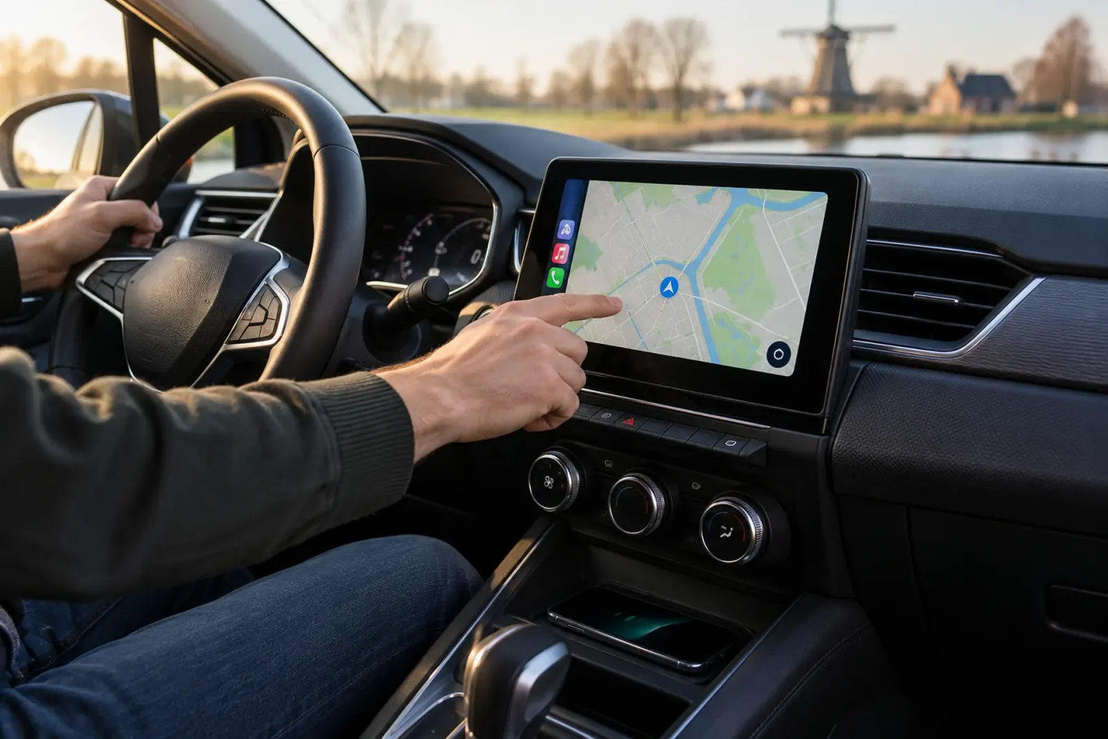 Bestuurder bedient de navigatie op een 9-inch CarPlay scherm in een auto bij Hoofddorp, met een molen langs het water op de achtergrond