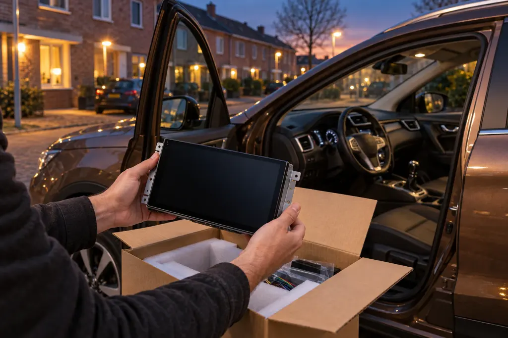 Nieuw 2-DIN touchscreen met CarPlay wordt bij een auto in een woonstraat in Hoofddorp uit de doos gehaald