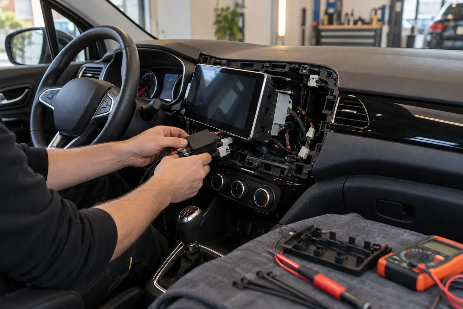 Monteur sluit de stuurwielinterface en kabelboom aan tijdens het inbouwen van een CarPlay-scherm voor een klant uit Hoofddorp