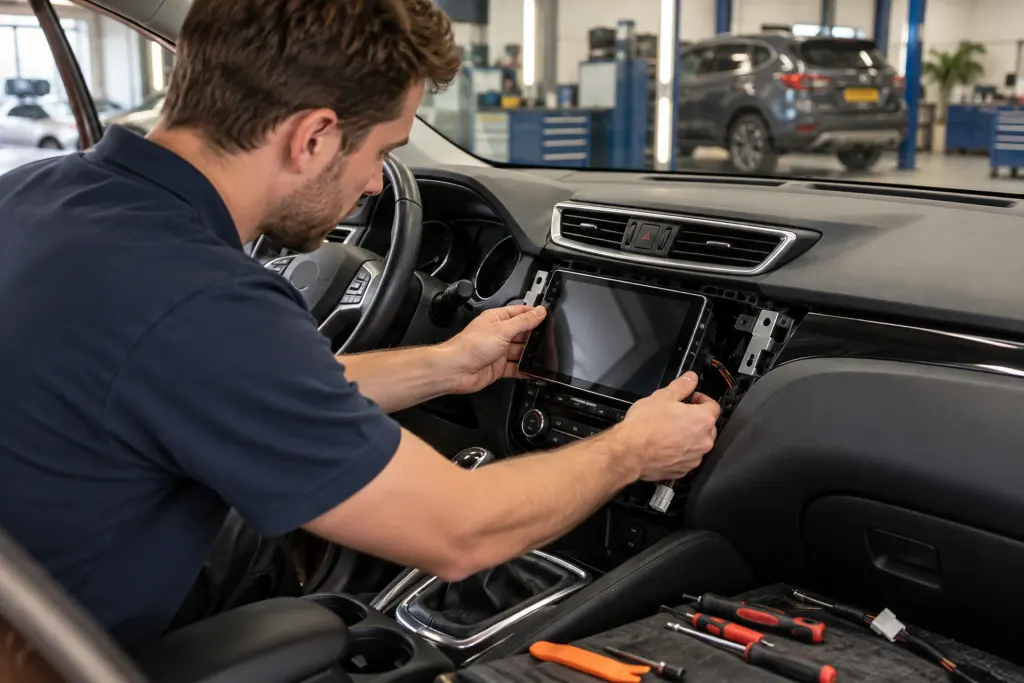 Monteur plaatst een CarPlay-scherm in het dashboard van een auto uit Hoofddorp in de werkplaats van de inbouwpartner