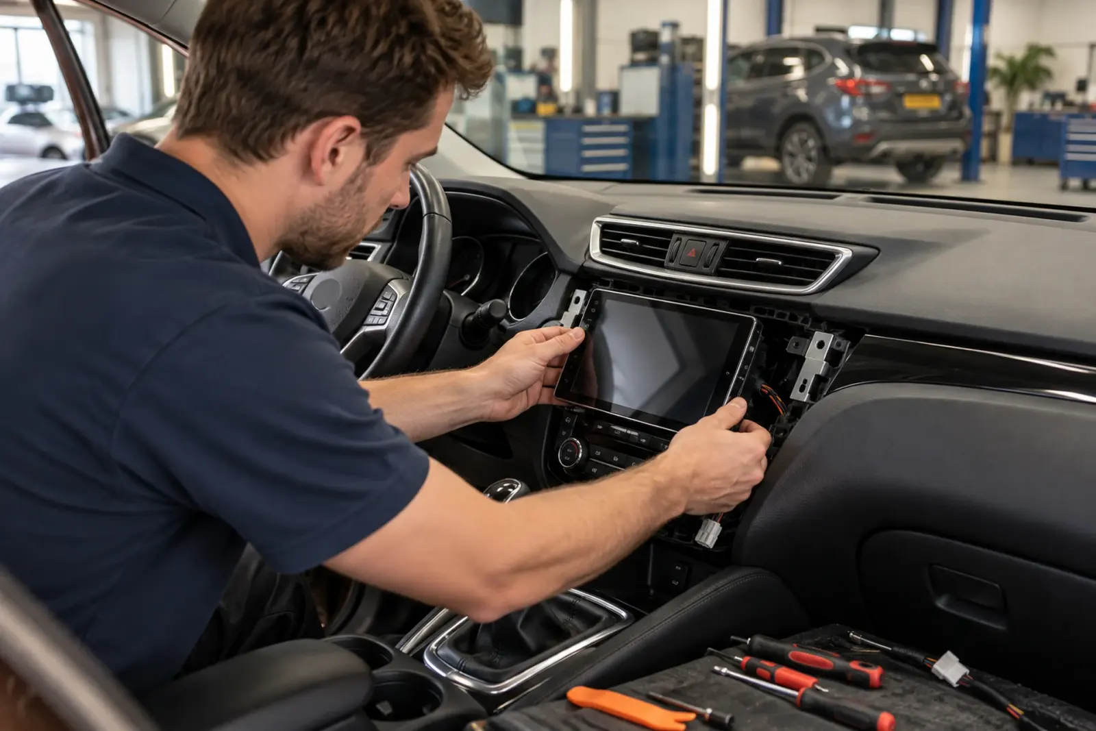 CarPlay scherm inbouwen in Hoofddorp: monteur schuift het nieuwe touchscreen in het dashboard in de werkplaats van de inbouwpartner
